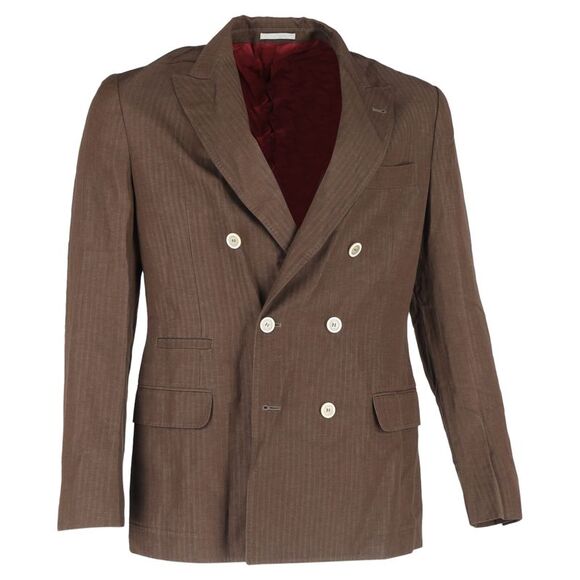 Brunello Cucinelli Double-Breasted Linen Suit Jacket in Brown Wool